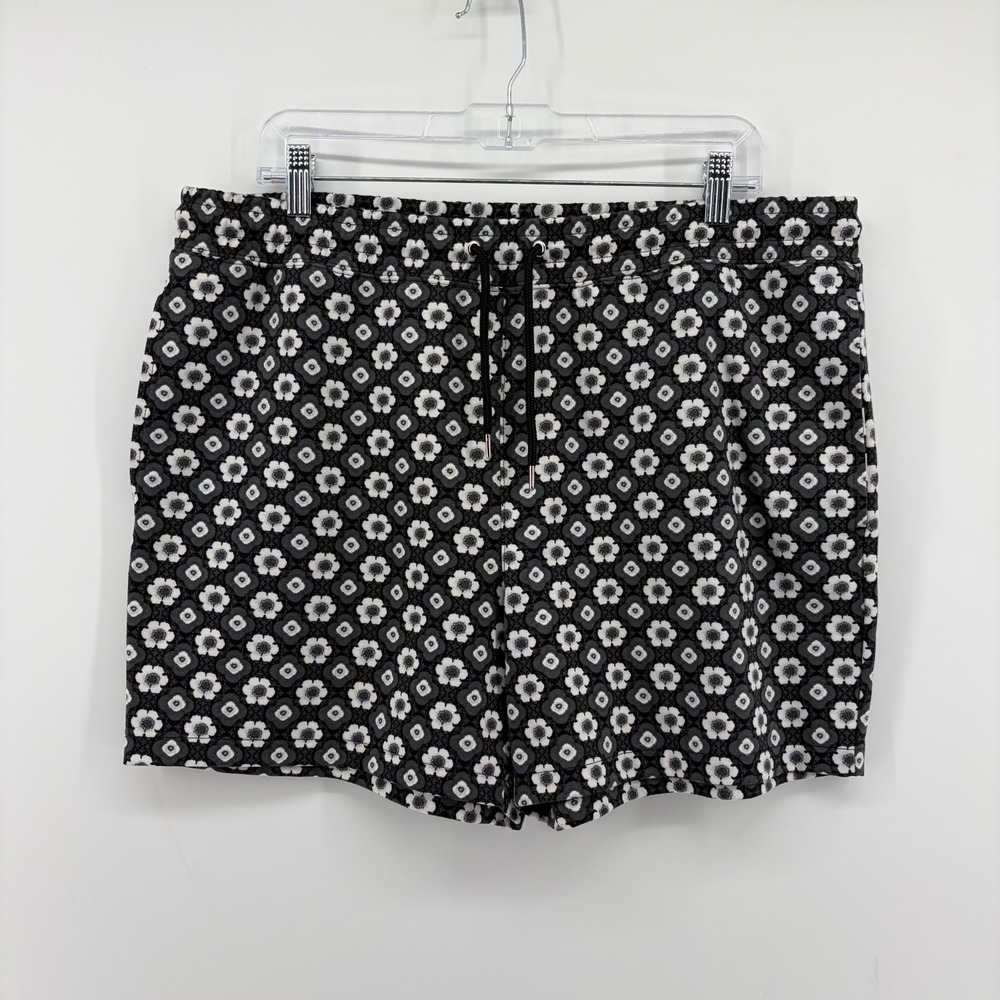 INC Womens Large Black Floral Shorts Drawstring Elastic Waist Retro Print